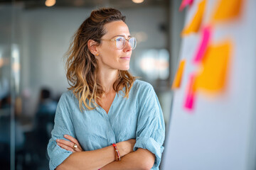 Woman analyzing sticky notes in modern office