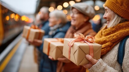 Elderly friends with gifts at train station