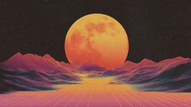 Retro futuristic landscape with giant glowing orange moon above neon mountains ideal for synthwave music covers, sci-fi posters and digital backgrounds