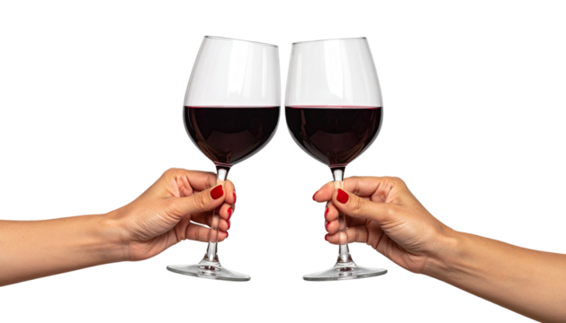 Two wine glasses clinking, held by hands with red manicured nails