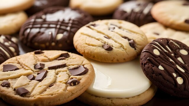 Delicious assortment of freshly baked cookies featuring chocolate chips and creamy icing on a wooden table Generative AI