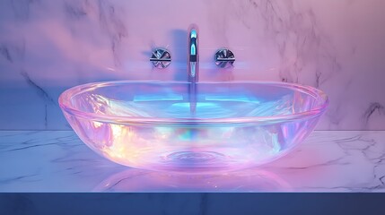 Transparent acrylic sink with holographic reflections cyberpunk vibes on marble background