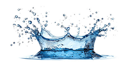 Water crown splash with droplets on a stark black background