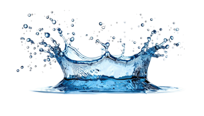 Water crown splash with droplets on a stark black background