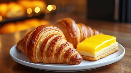 Freshly baked croissants and a pastry on a plate.