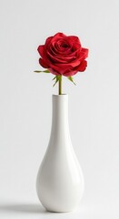 Fototapeta premium Single vibrant red rose is presented in a minimalist white ceramic vase against a light background.