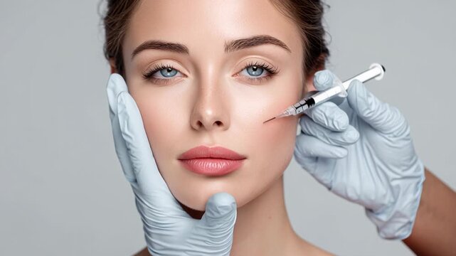 4k video of a doctor applying a filler to model's face. Concept of botox and injection for cosmetic beauty.