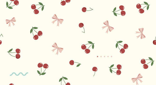 Cute seamless pattern with red cherries and pink bows scattered on a light cream background, featuring small decorative dots and waves.