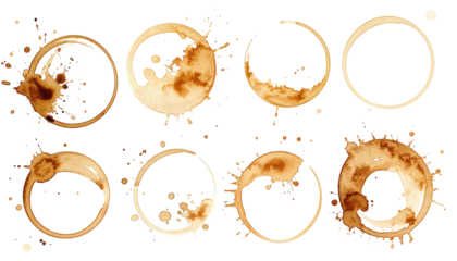 Coffee rings stains form patterns on black background, circular