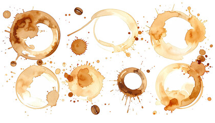 Coffee cup ring stains and spills on dark background, varied shapes