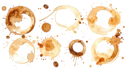 Coffee cup ring stains and spills on dark background, varied shapes