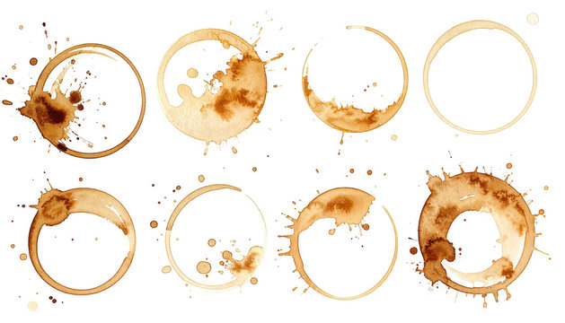 Coffee rings stains form patterns on black background, circular