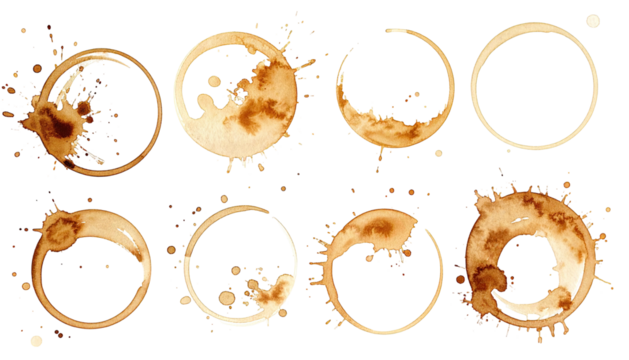 Coffee rings stains form patterns on black background, circular