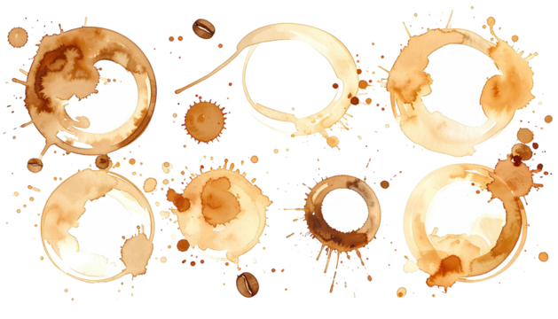 Coffee cup ring stains and spills on dark background, varied shapes