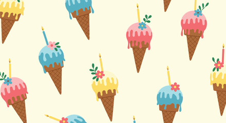 Sweet pattern of colorful ice cream cones with melting icing and birthday candles on a light background.