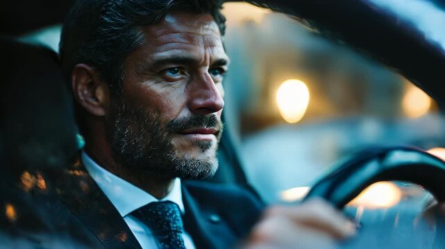 Businessman driving through a city at dusk, focused on the road ahead in a luxury sedan display