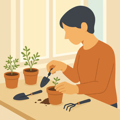 Person planting seed in pot with gardening tools