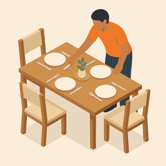 Dining table with chairs and tableware for meal setting