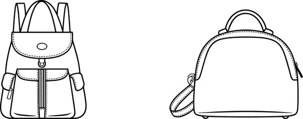 Fashion Backpack & Handbag Outline Vector Set | Minimal Line Art Bag CAD Template for Fashion Designers