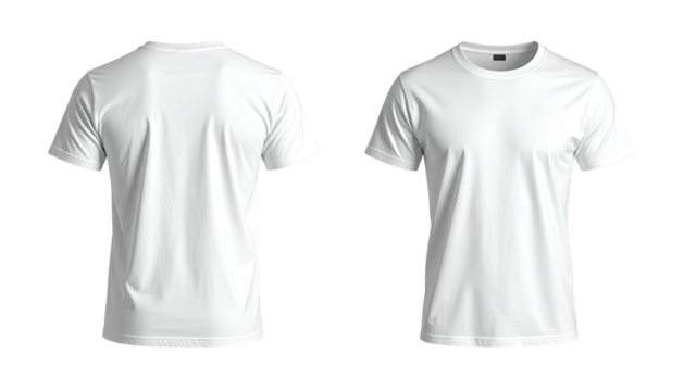 Two plain white T-shirts, front and back view, on black