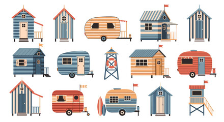 Collection of colorful cartoon beach huts, campers, and lifeguard stations, perfect for summer vacation and seaside adventures.