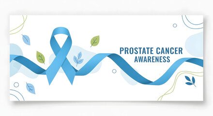 Banner with blue ribbon and "Prostate Cancer Awareness" slogan