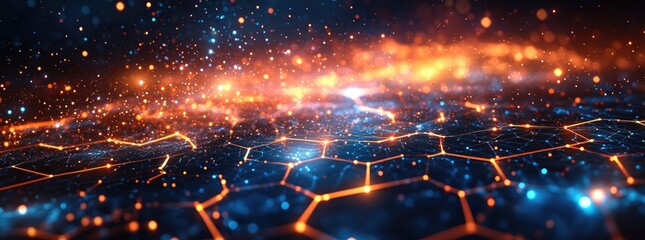 Hexagonal network with glowing orange and blue particle effects
