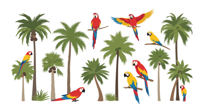 A vibrant collection of tropical parrots and various palm trees, illustrating an exotic jungle or island paradise scene.