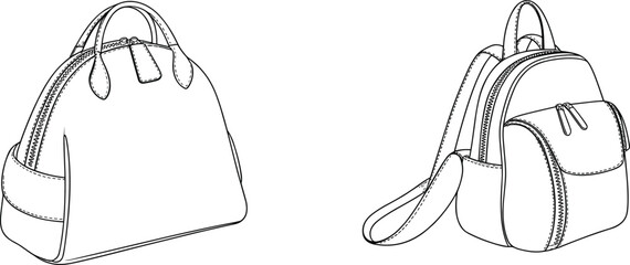 Handbag & Backpack Outline Vector Set | Fashion CAD Line Art for Designer Accessories Template