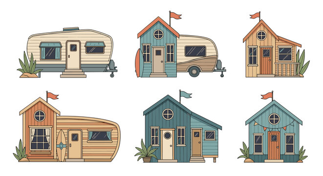 A collection of charming, hand-drawn illustrations featuring various beach-style tiny homes, campers, and cabin-like structures, perfect for summer vacations.