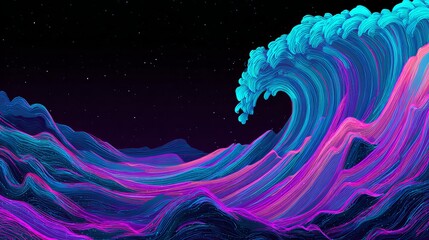Dynamic neon wave crashes under starry night sky, vibrant abstract ocean landscape with electric blues and purples