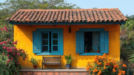 Yellow cottage, tropical garden, open shutters, sunny day, vacation rental