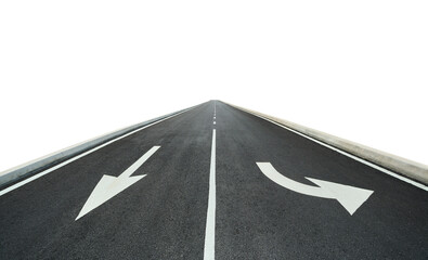 Asphalt road with turning arrows indicating decision and future direction