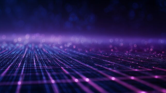 Experience the dynamic flow of digital data streams and abstract network connections illuminating a futuristic cyberspace with vibrant purple and blue hues