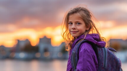 Young Girl Smiling Against Beautiful Sunset Background Outdoors