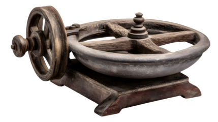 Hand-powered grinding wheel from 1800s, isolated on white