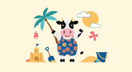 A cheerful cartoon cow in a floral swimsuit enjoys a summer vacation at the beach with a sandcastle and palm tree.