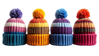 Row of knitted hats with pom-poms, striped, colorful against black