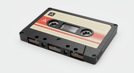 Obraz premium Single analog audio storage cassette is positioned at an angle against a bright background