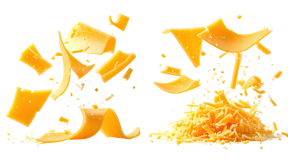 Cheese chunks and shreds float and pile