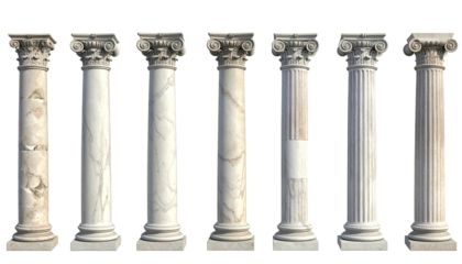 Row of seven classical, ornate, white marble architectural columns