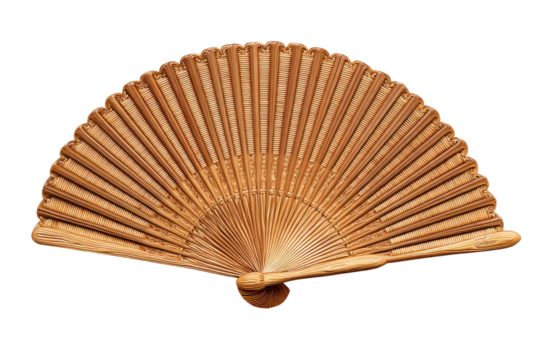 Open fan, with light tan wooden slats fanned out