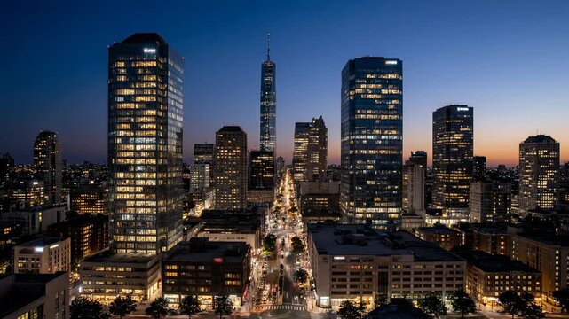 Urban cityscape transforms from vibrant daylight to twinkling night lights in an epic day to night timelapse technology, journey, modern