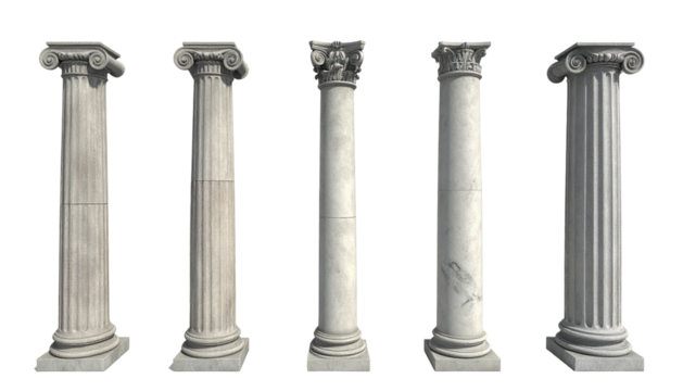 Five textured, white, classical architectural columns, isolated