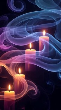 Generative AI video -  framed in a dynamic, diagonal composition against a solid black background with wispy, ethereal smoke effects in vibrant magenta and pale gold, highlighted by soft, ambient cand