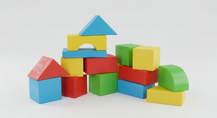 Obraz premium Stacked assortment of colorful geometric shapes forming a playful construction against a neutral background