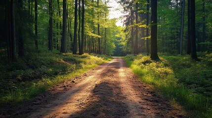 Fototapeta premium Sunlit Forest Path, Dirt Road, Green Trees, Sunlight, Nature, Scenic, Tranquil, Peaceful, Hiking, Travel
