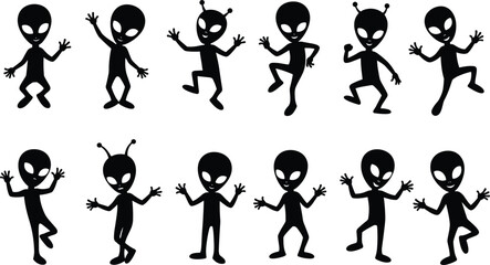 Cute alien silhouettes dancing, extraterrestrial characters in various poses, black alien figures with antenna, funny space creatures, UFO-themed illustration, isolated clipart
