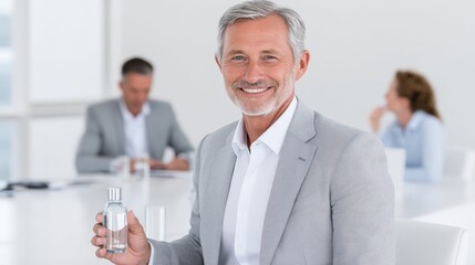 A businessman presenting a product to colleagues at a cafe, isolated on a clean white background, sharp and persuasive advertising aesthetic