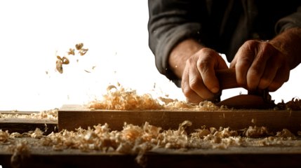 Hands using a hand planer on timber, wood shavings flying, isolated